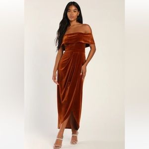 I'm Enchanted Rust Orange Velvet Off-the-Shoulder Maxi Dress